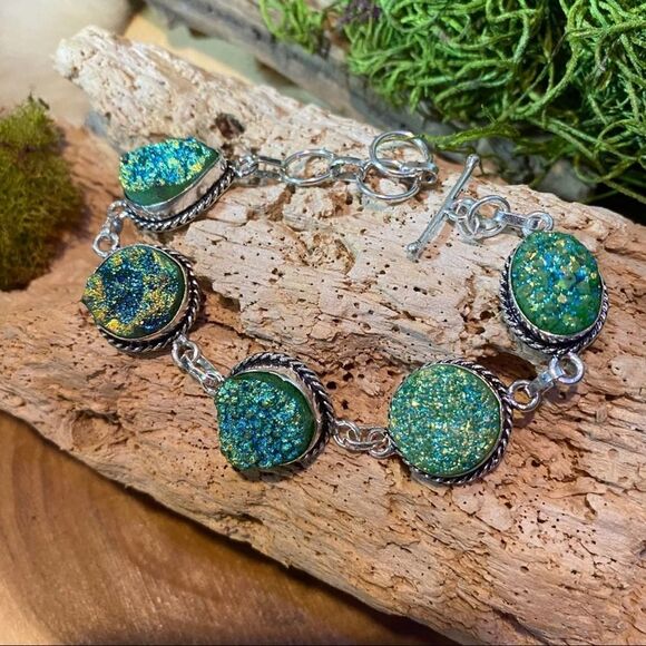 Titanium Druzy Teal Green Sterling Silver Toggle Bracelet - Picture 1 of 5